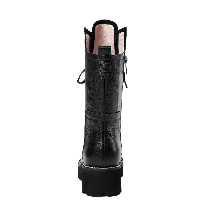 Autumn/Winter Womens Boots / Zip Cross Tied Mid Calf Boots / Square Heel Genuine Leather Boots - HARD'N'HEAVY