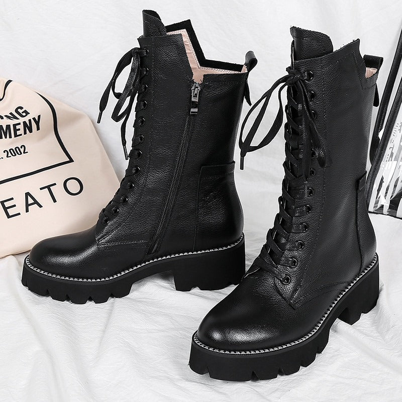 Autumn/Winter Womens Boots / Zip Cross Tied Mid Calf Boots / Square Heel Genuine Leather Boots - HARD'N'HEAVY