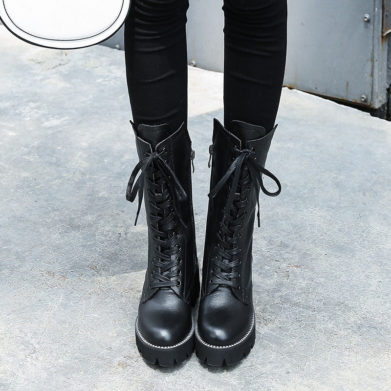 Autumn/Winter Womens Boots / Zip Cross Tied Mid Calf Boots / Square Heel Genuine Leather Boots - HARD'N'HEAVY