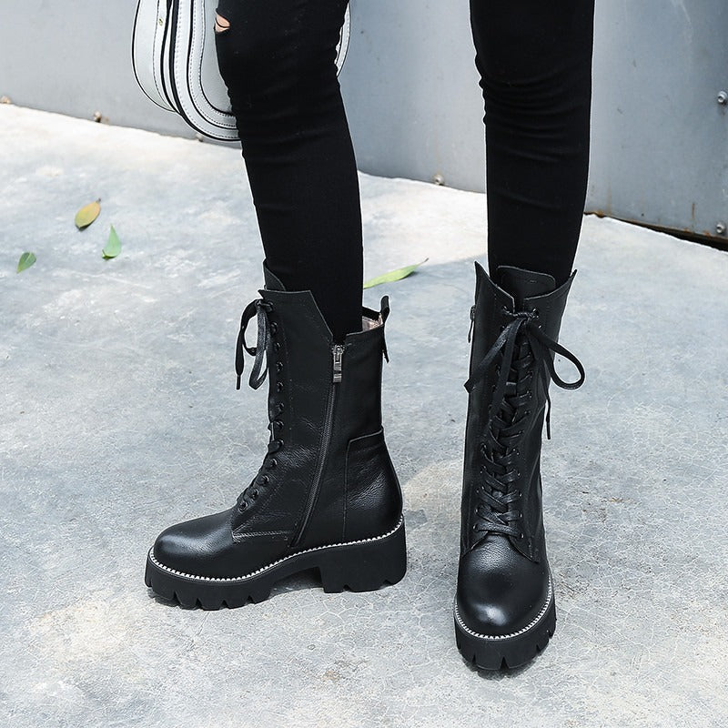 Autumn/Winter Womens Boots / Zip Cross Tied Mid Calf Boots / Square Heel Genuine Leather Boots - HARD'N'HEAVY