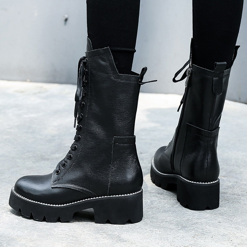 Autumn/Winter Womens Boots / Zip Cross Tied Mid Calf Boots / Square Heel Genuine Leather Boots - HARD'N'HEAVY