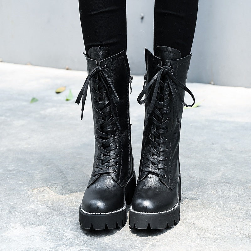 Autumn/Winter Womens Boots / Zip Cross Tied Mid Calf Boots / Square Heel Genuine Leather Boots - HARD'N'HEAVY