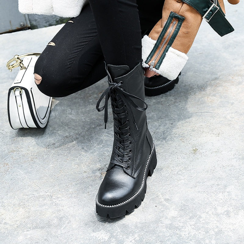 Autumn/Winter Womens Boots / Zip Cross Tied Mid Calf Boots / Square Heel Genuine Leather Boots - HARD'N'HEAVY