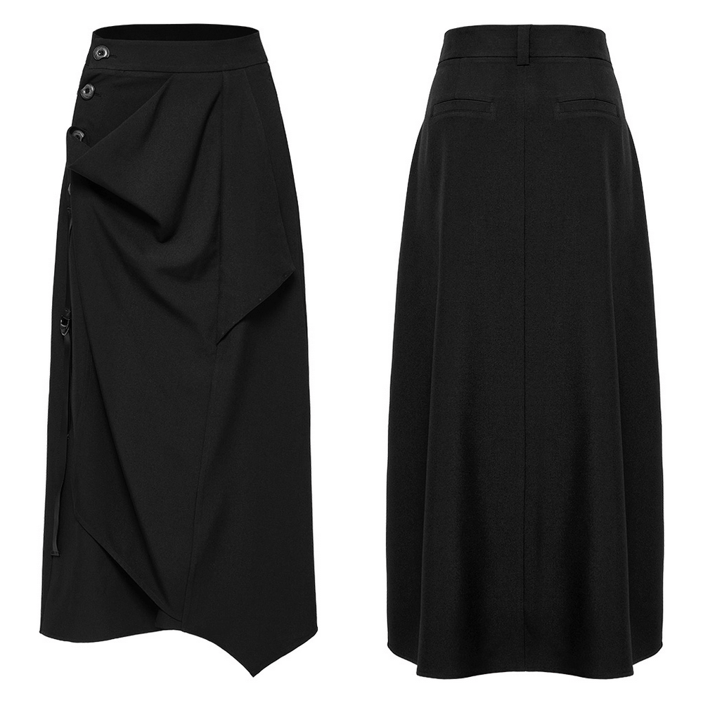 Avant-garde asymmetric draped skirt with buckle detail, showcasing unique design and contemporary fashion appeal.