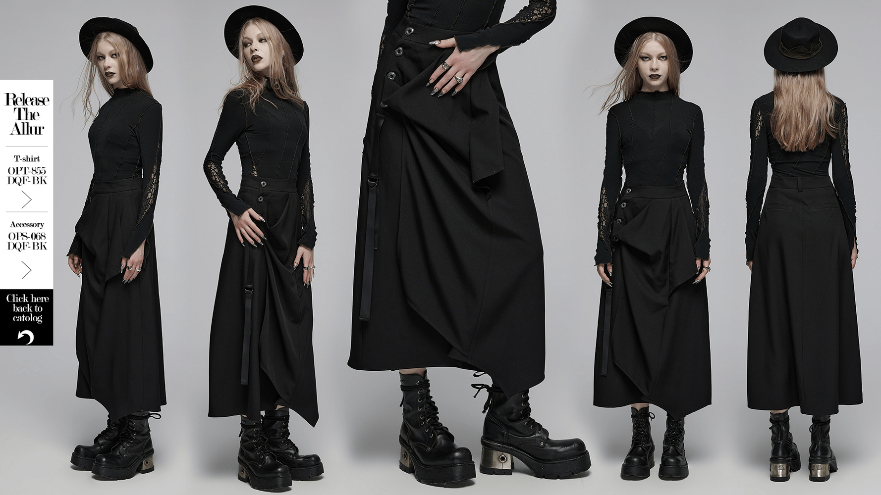 Avant-garde asymmetric draped skirt with buckle detail, styled with edgy black top and chunky boots.