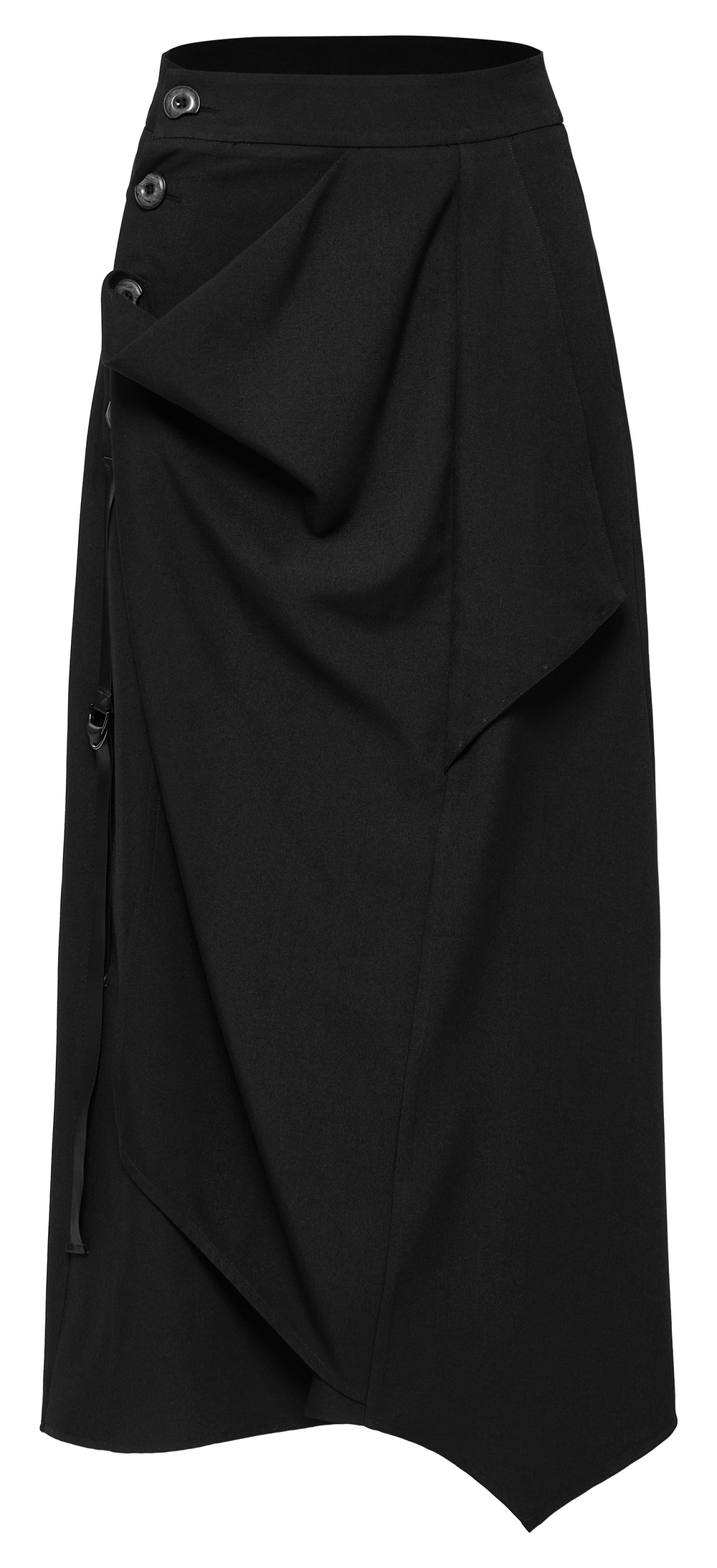 Avant-garde asymmetric draped skirt with buckle detail, showcasing a bold design and sleek black fabric.