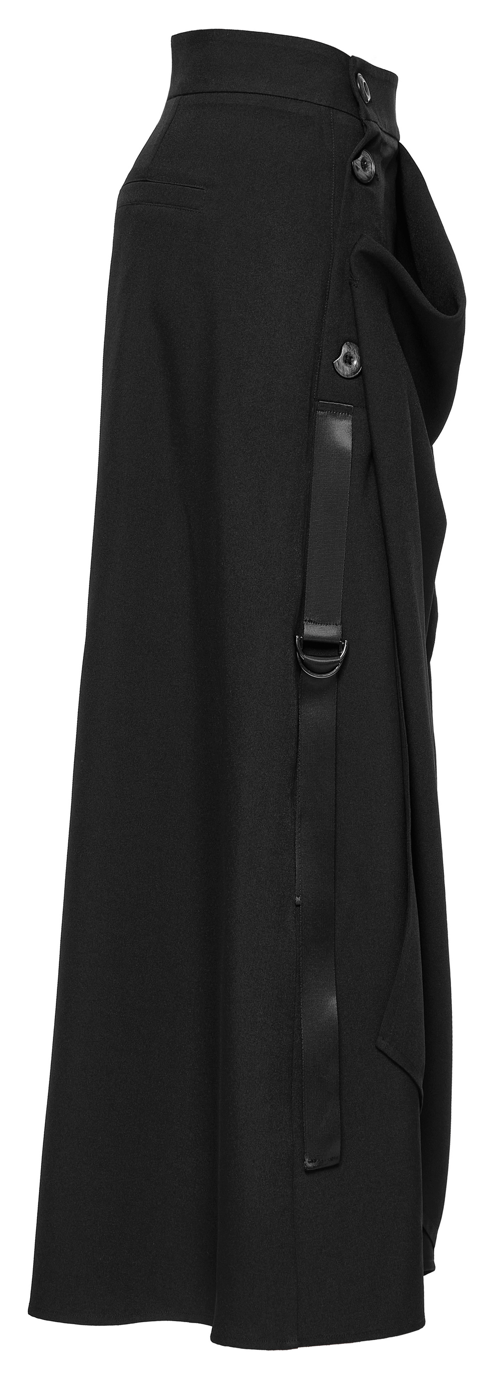 Avant-Garde asymmetric black draped skirt with buckle details and adjustable side straps for a bold look.