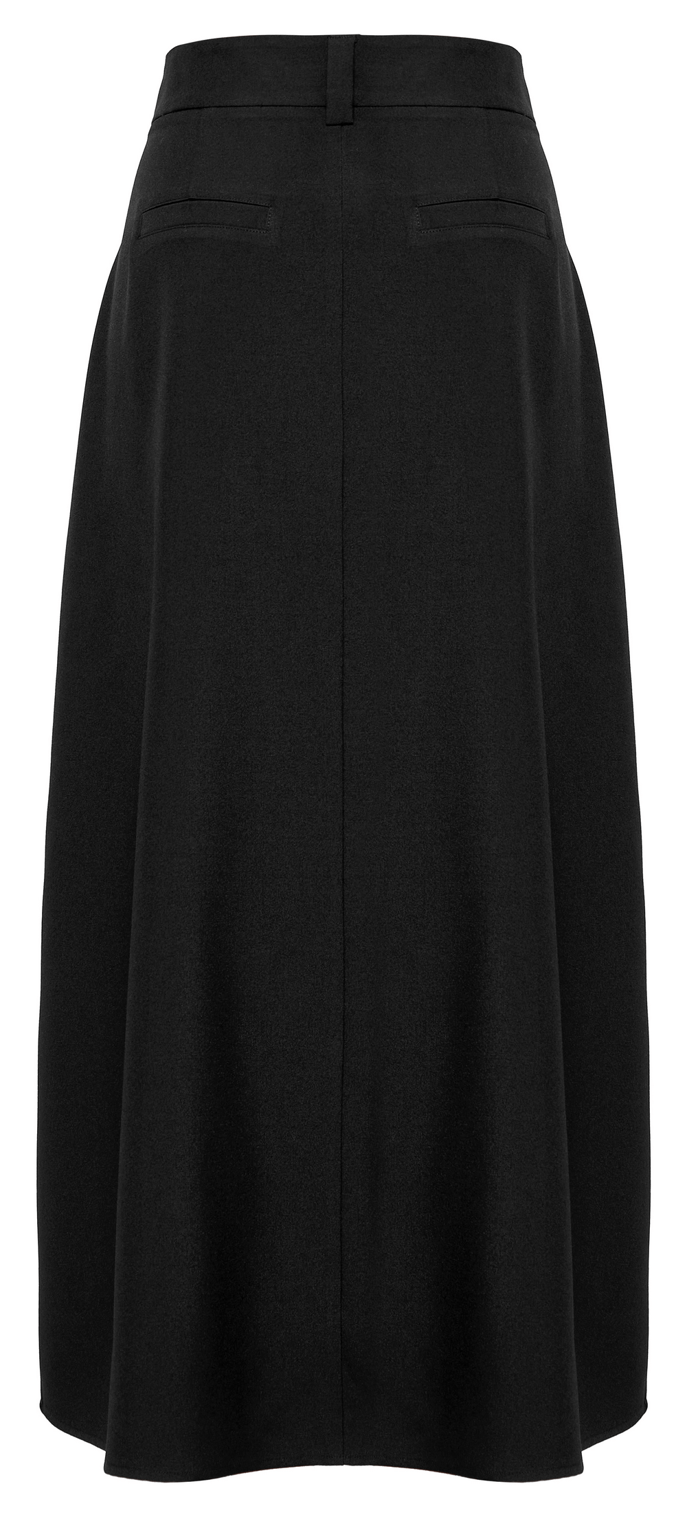 Back view of an avant-garde asymmetric draped skirt with a sleek black finish and functional pockets.