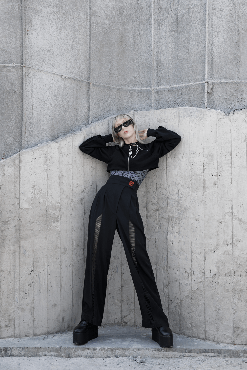 Avant Garde Black High-Waisted Wide Leg Pants with Mesh Accents