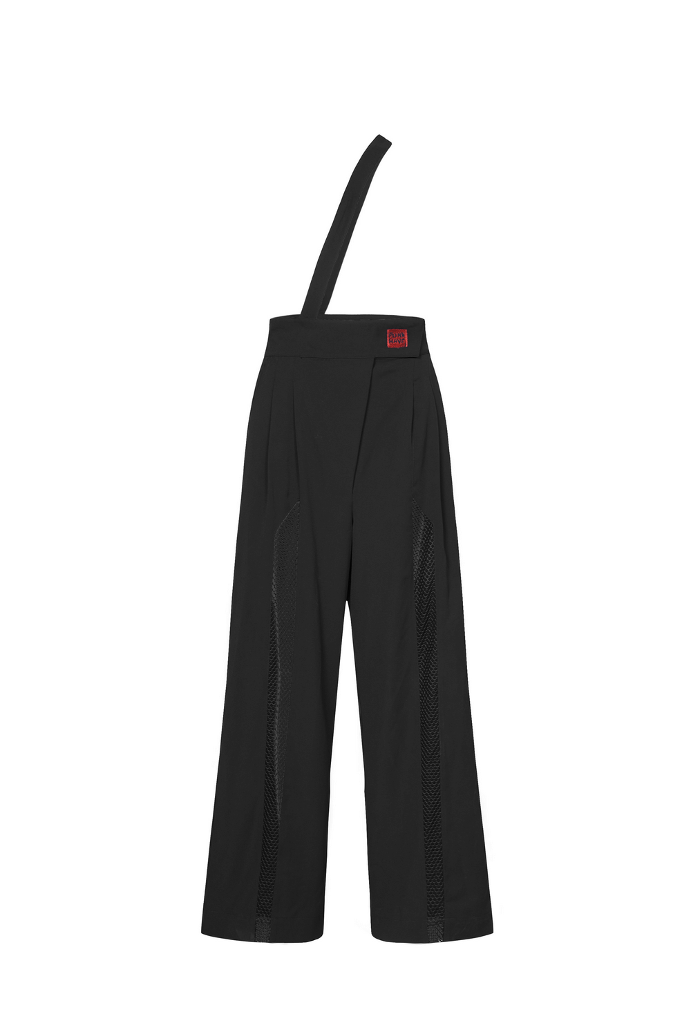 Avant-garde black high-waisted wide-leg pants with mesh accents and removable adjustable strap.