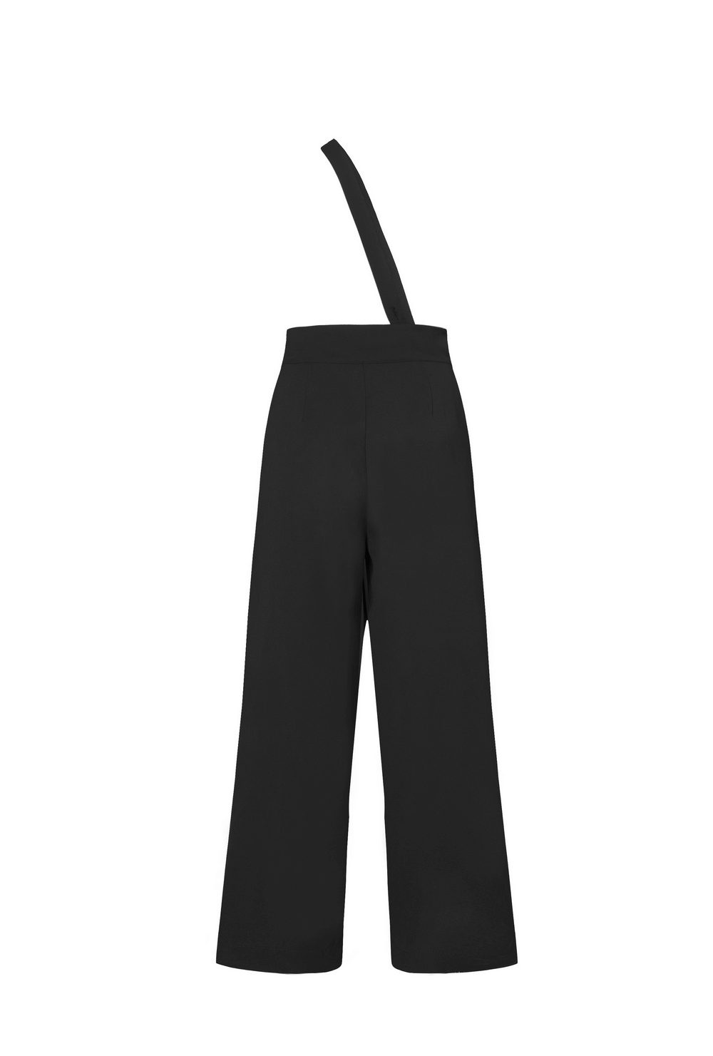 Avant-garde black high-waisted wide-leg pants with removable straps, showcasing a chic and stylish back view.