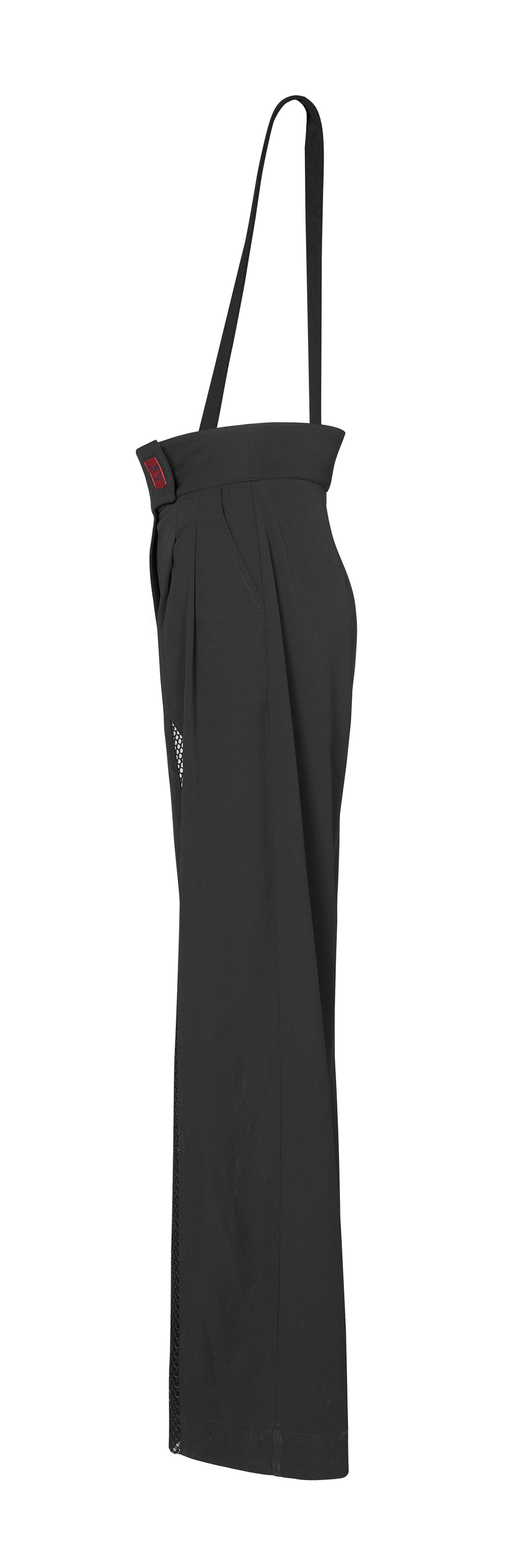 Avant-garde black high-waisted wide-leg pants with adjustable straps for versatile styling.