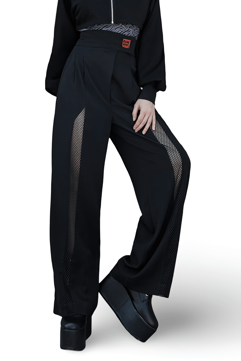 Avant-garde black high-waisted wide-leg pants with stylish mesh accents and a fashionable fit.