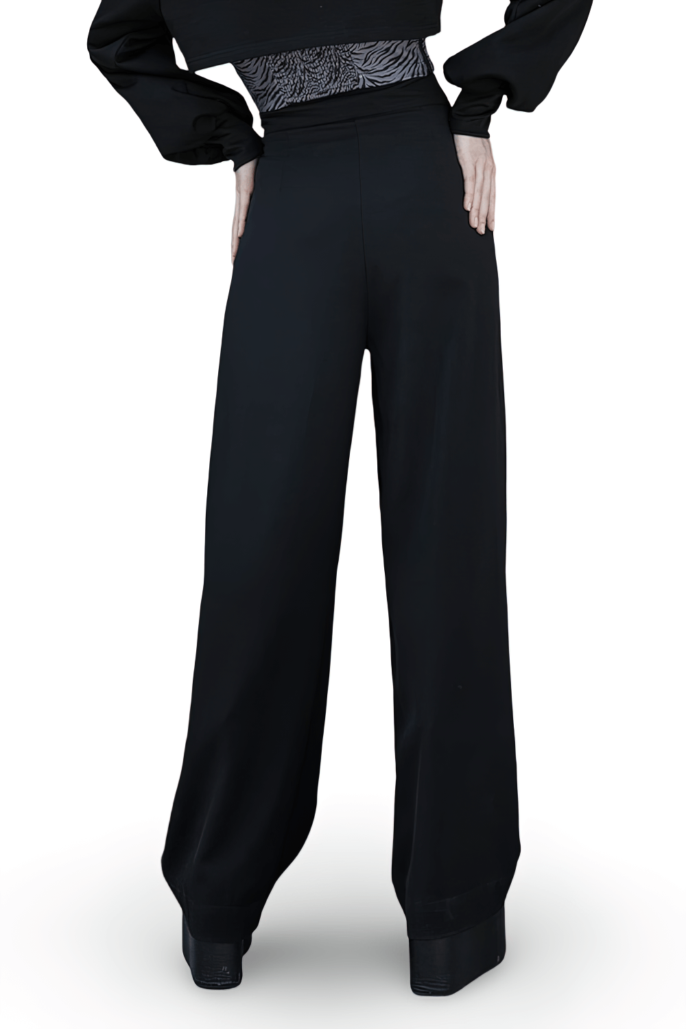Avant-garde black high-waisted wide-leg pants featuring a loose fit and stylish mesh accents for a bold look.
