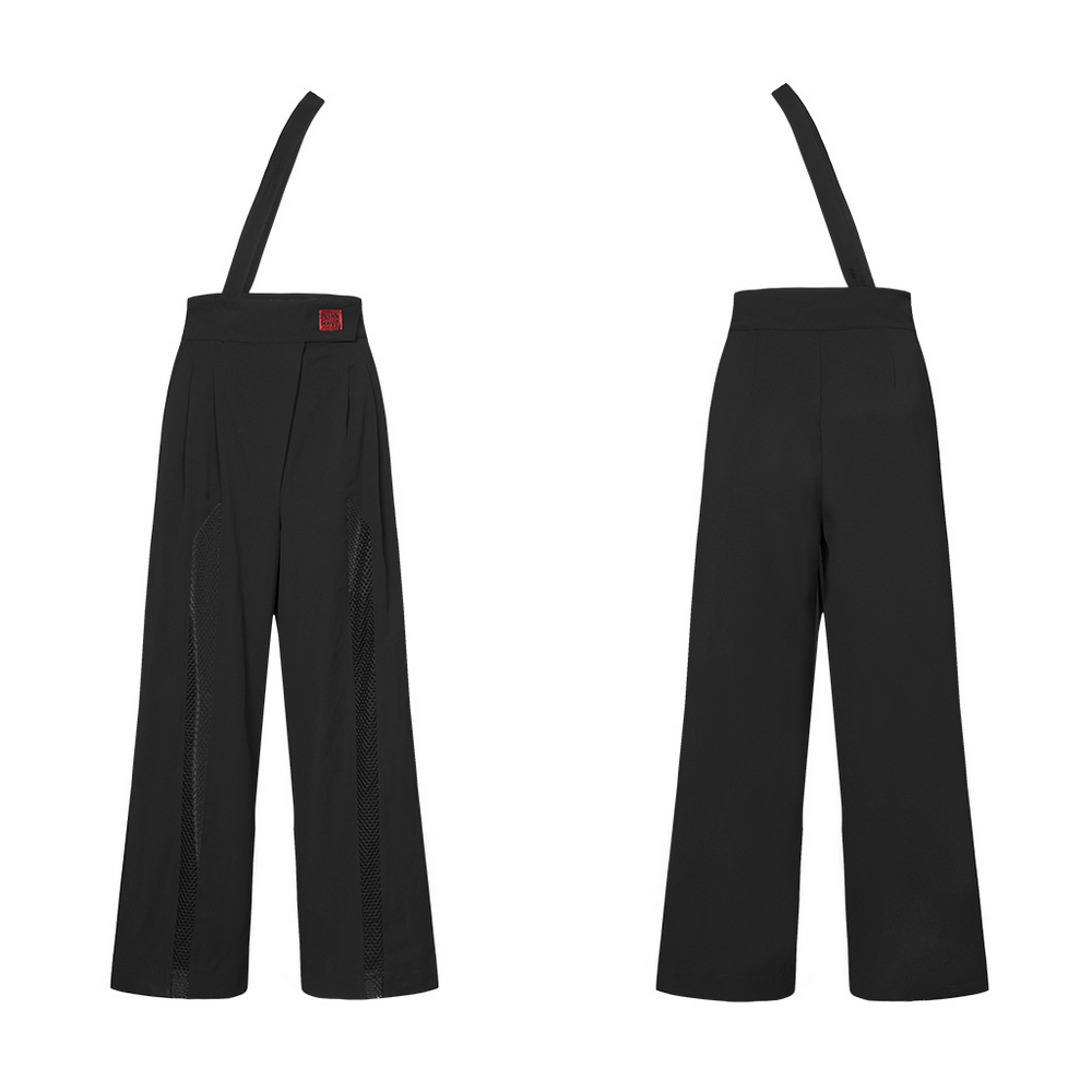 Avant-garde black high-waisted wide-leg pants with removable straps and mesh accents, front and back view.