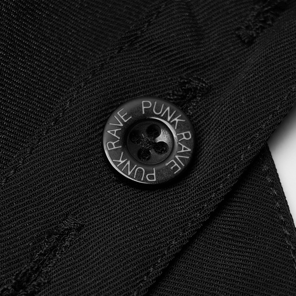 Close-up of a black button labeled 'Punk Rave' on avant-garde high-waisted wide-leg pants.