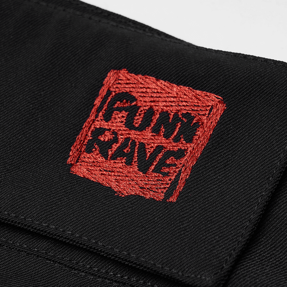 Close-up of a black fabric patch featuring red 'PUNK RAVE' embroidered logo for a stylish accent.