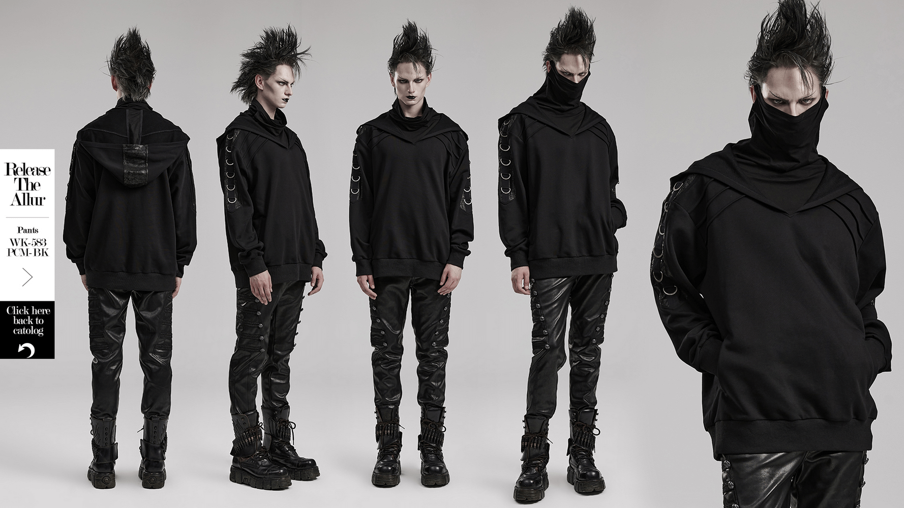 Avant-Garde black hoodie with faux leather details and D-ring accents, showcasing edgy punk fashion in four views.