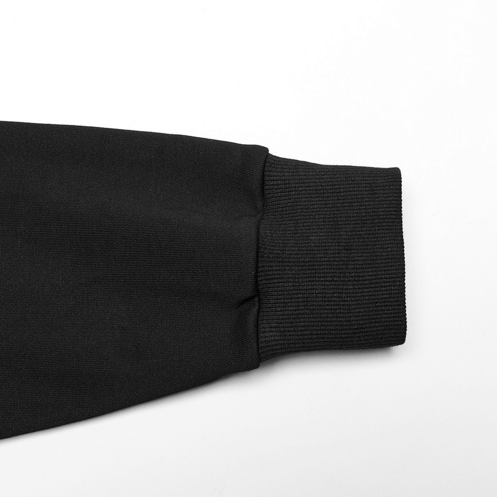 Close-up of the cuff of Avant-Garde Black Hoodie showcasing sleek design and textured finish.