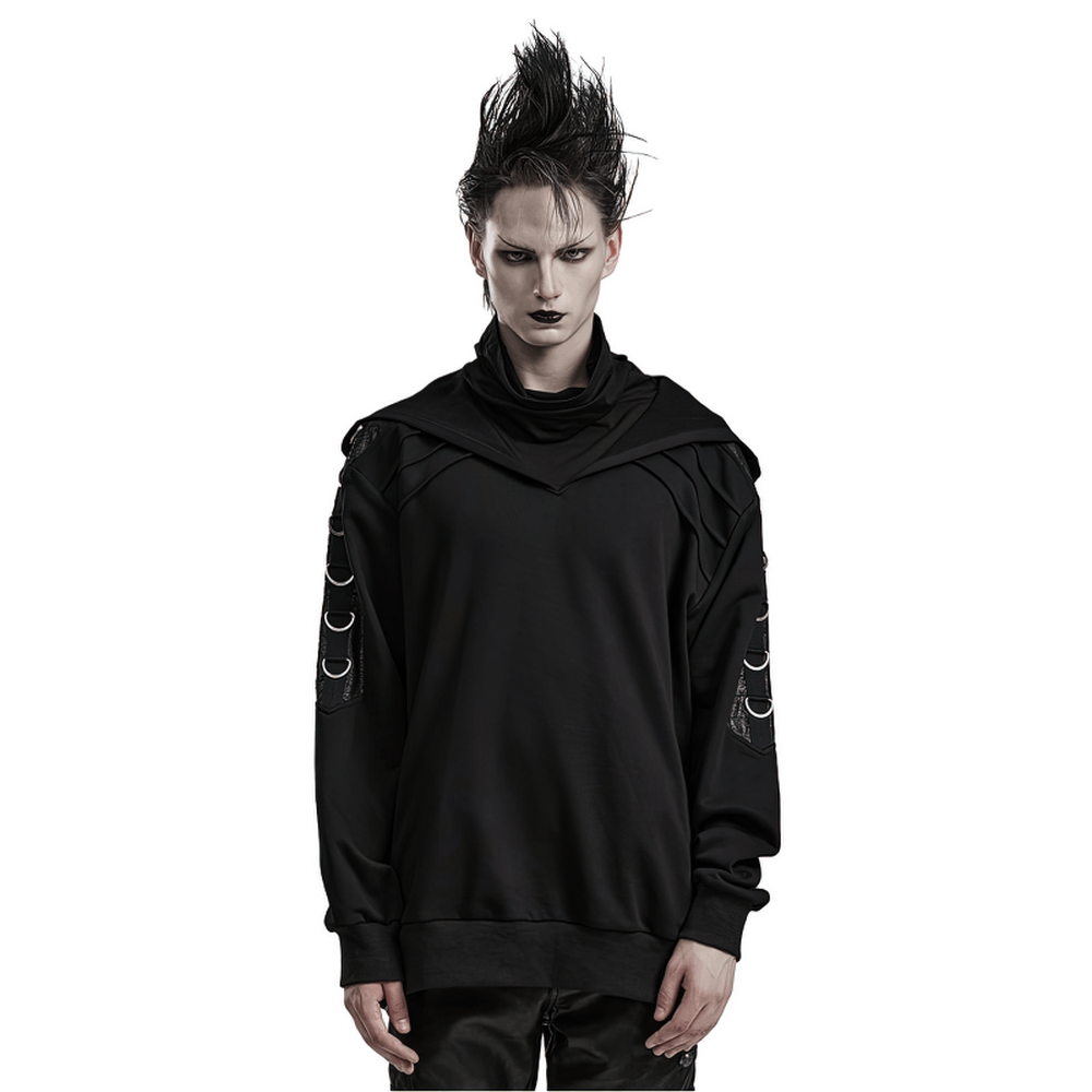 Avant-Garde black hoodie with faux leather detail and D-ring accents, worn by a model with edgy punk style.