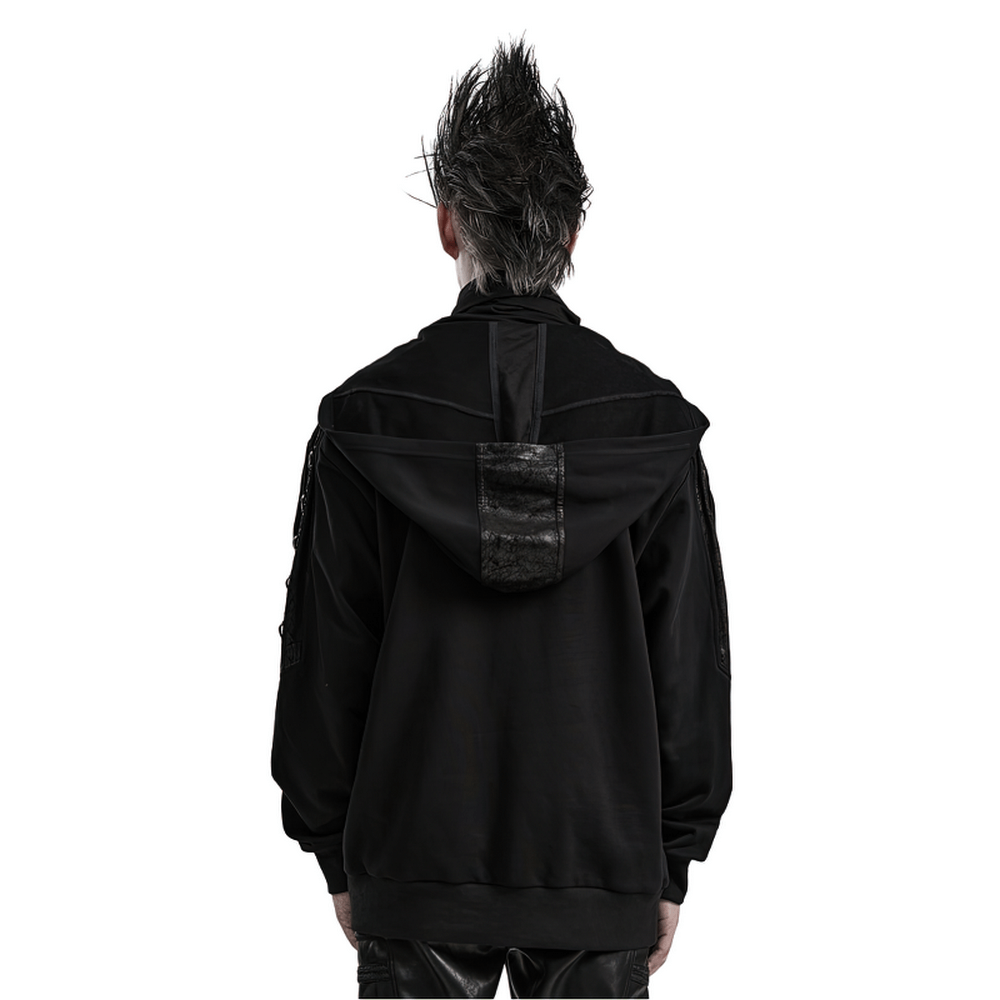 Back view of avant-garde black hoodie with faux leather detail, showcasing edgy design and distinctive D-ring accents.