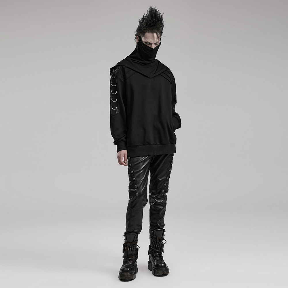 Avant-Garde Black Hoodie with faux leather accents and punk style, featuring D-ring details and high collar.