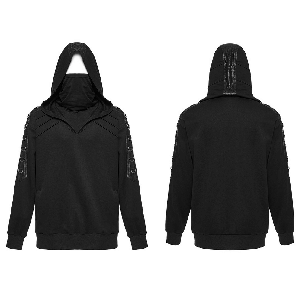 Avant-Garde black hoodie with faux leather details and D-ring accents, perfect for an edgy punk look.