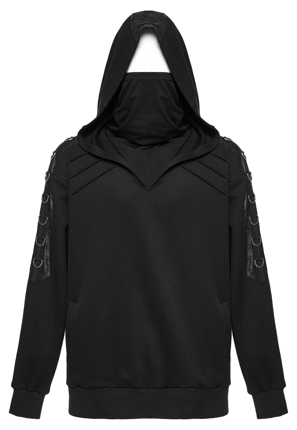 Avant-Garde black hoodie with faux leather details and D-ring accents for a punk-inspired look.
