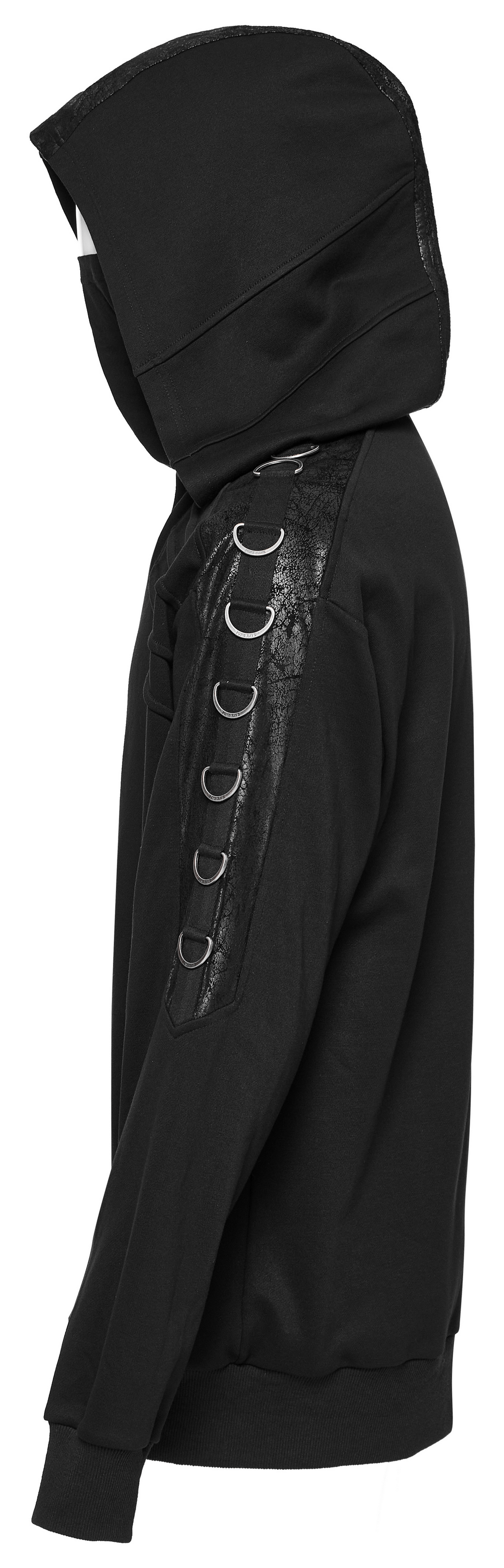 Avant-Garde black hoodie with faux leather detail and D-ring accents, showcasing an edgy punk style.