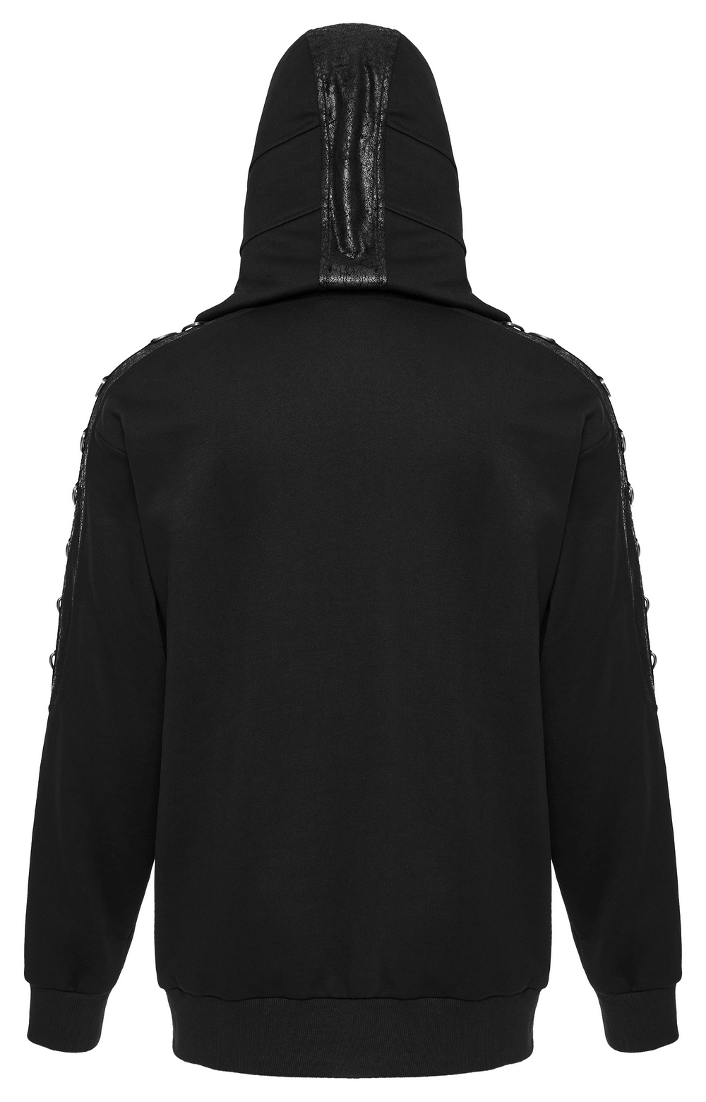 Back view of Avant-Garde black hoodie with faux leather detail and D-ring accents, perfect for edgy punk fashion.