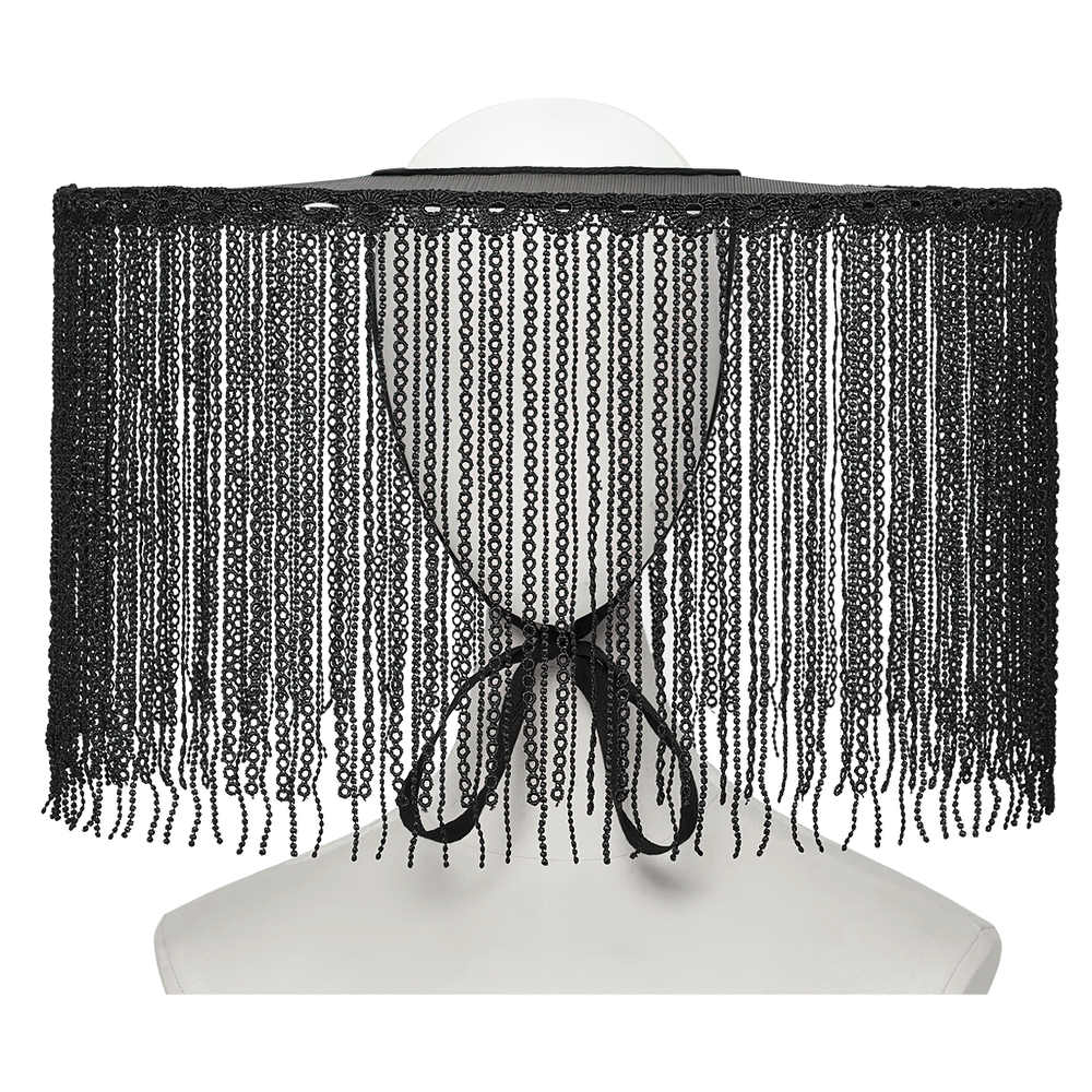 Stylish black fringe accessory with a tie, perfect for enhancing outfits with a touch of elegance.