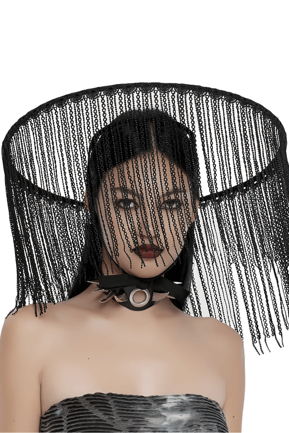 Elegant black mesh hat with fringed details, exuding a dramatic and edgy fashion statement.
