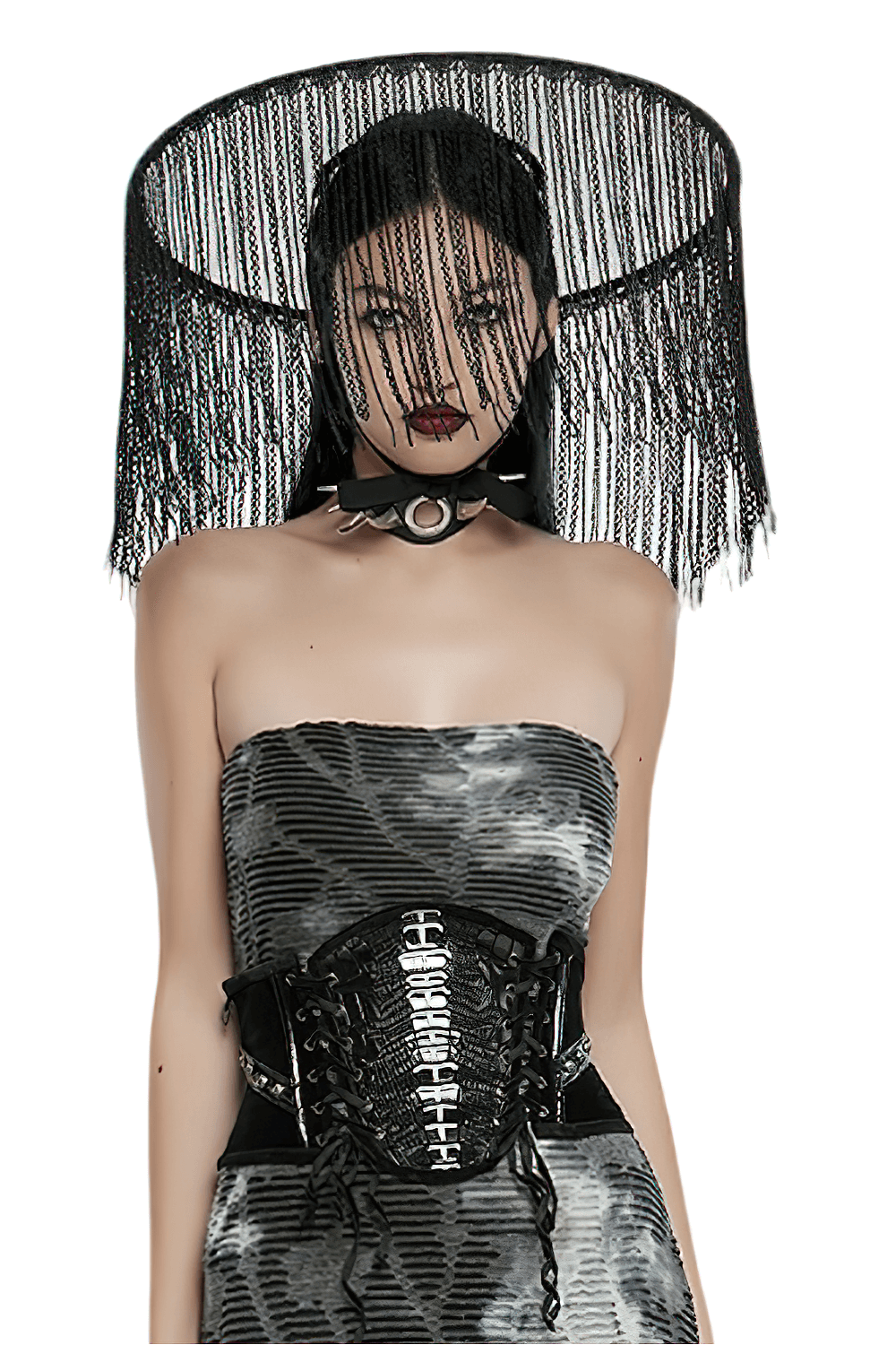 Chic black fringe hat with a dramatic design, paired with edgy accessories for a bold fashion statement.