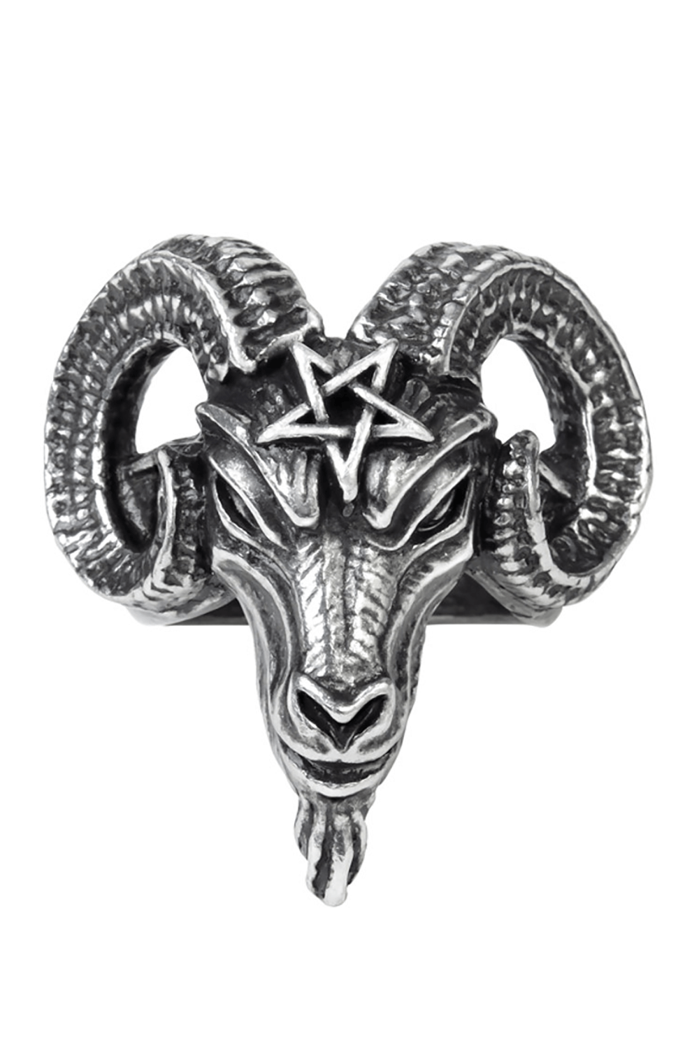 Baphomet goat head ring in pewter with pentagram detail and intricate horned design.