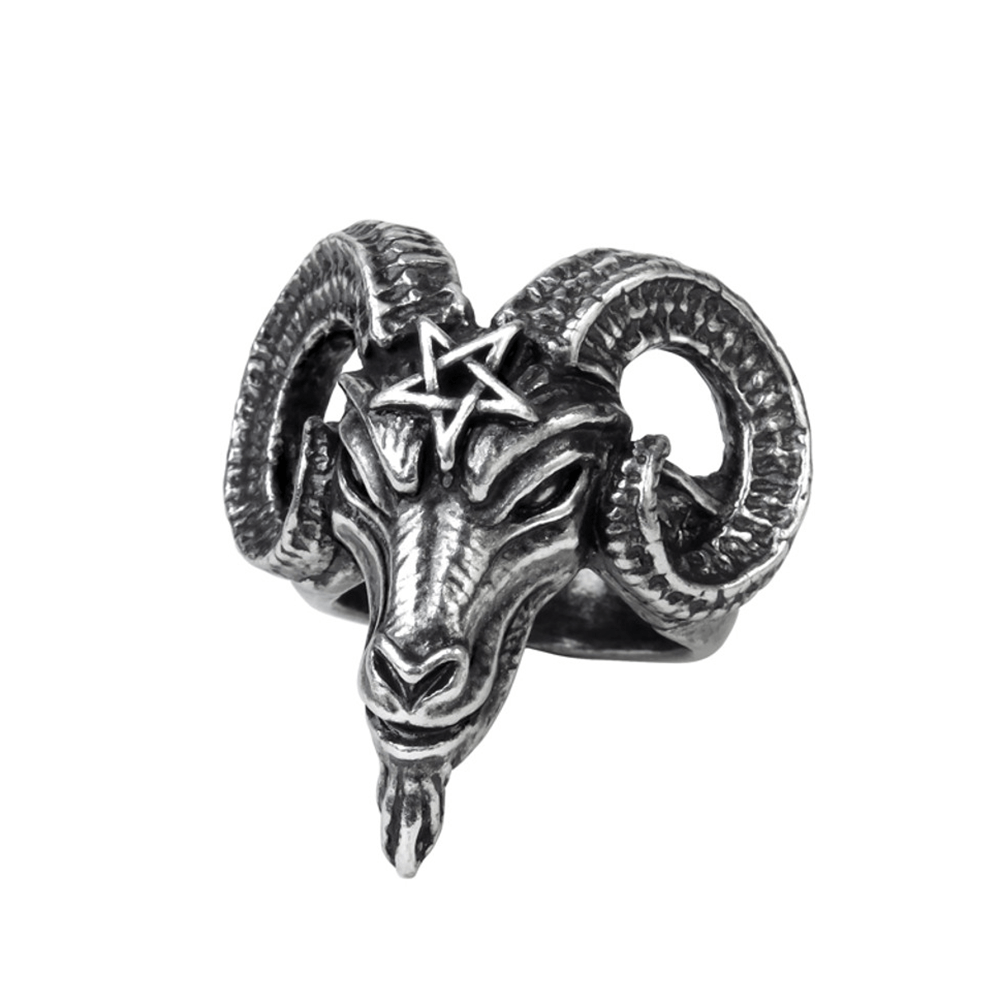 Baphomet goat head ring in pewter with pentagram detail and intricate horned design.