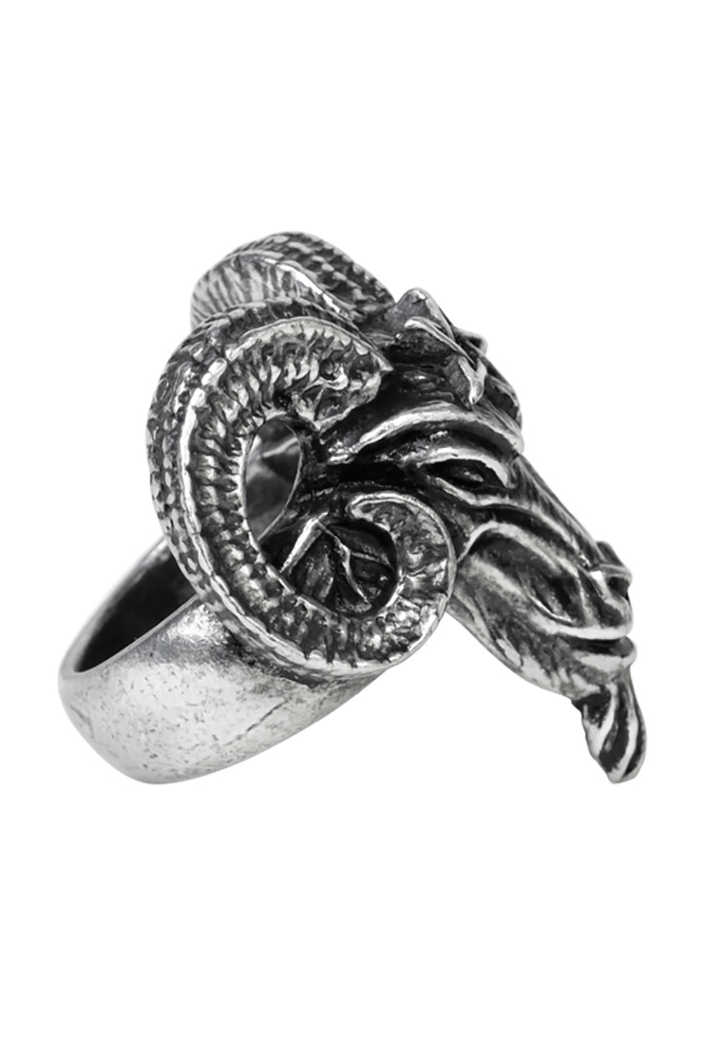 Baphomet goat head ring in pewter with pentagram detail, showcasing intricate horned design.