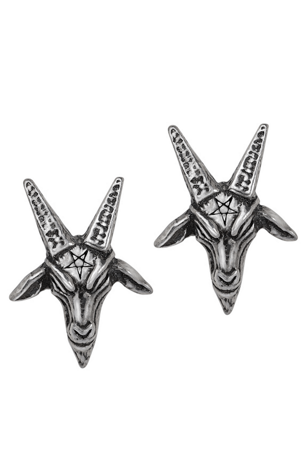 Baphomet goat head stud earrings with pentagram details for a bold, mystical look.