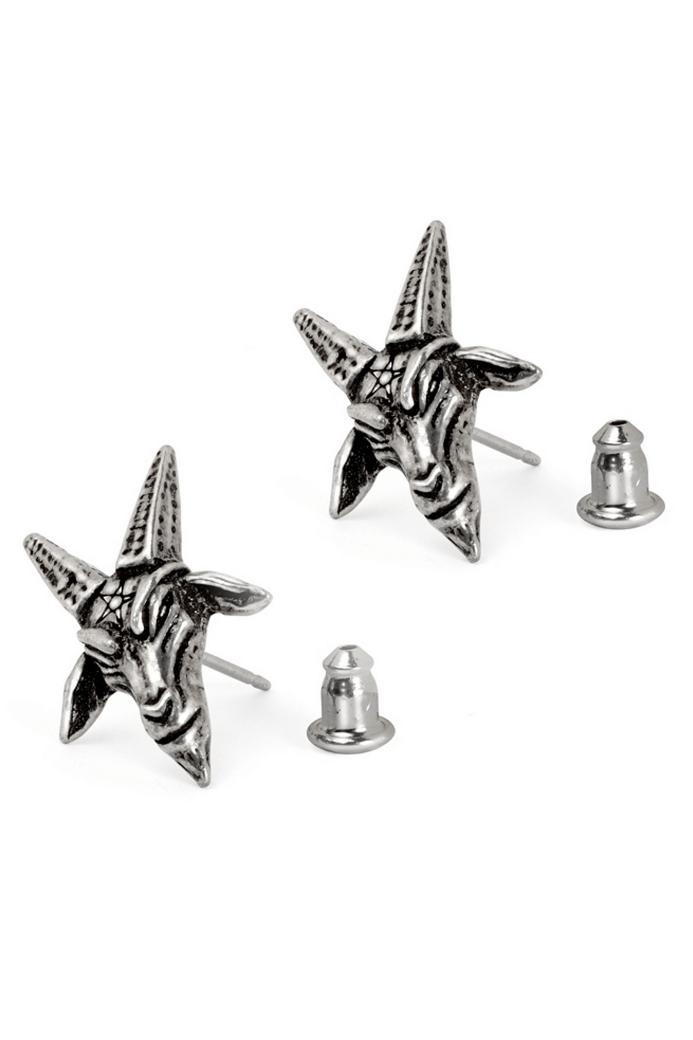 Baphomet goat head stud earrings with pentagram details, embodying dark mysticism and occult symbolism.