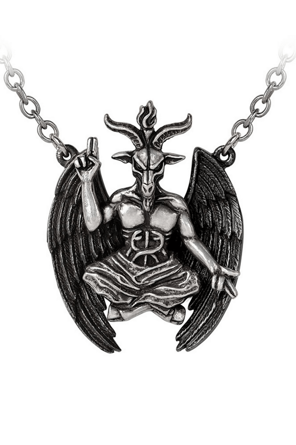 Intricate Baphomet horned god pendant with wings, featuring dark pewter finish and occult symbolism necklace.
