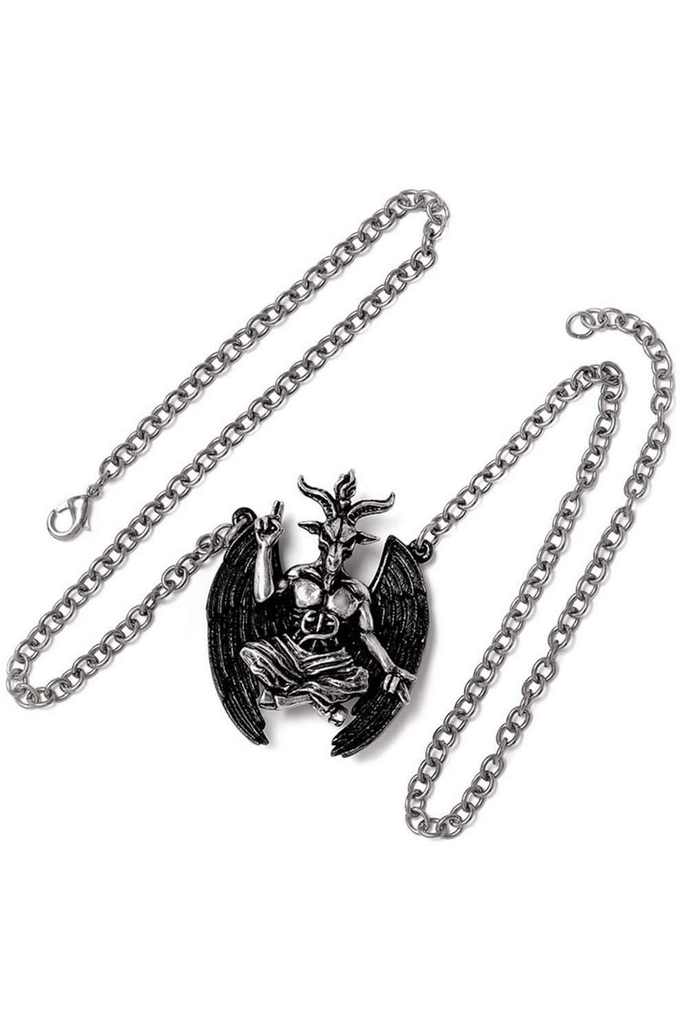 Dark pewter Baphomet necklace with wings and skull detail, embodying ancient mysticism and occult symbolism.