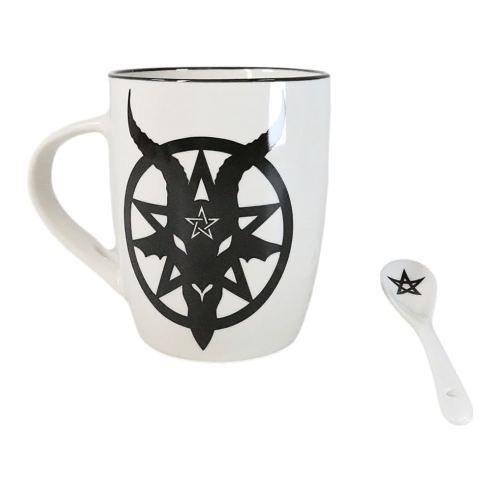 Satanic Baphomet mug and spoon set featuring bold pentagram design for coffee and tea lovers.