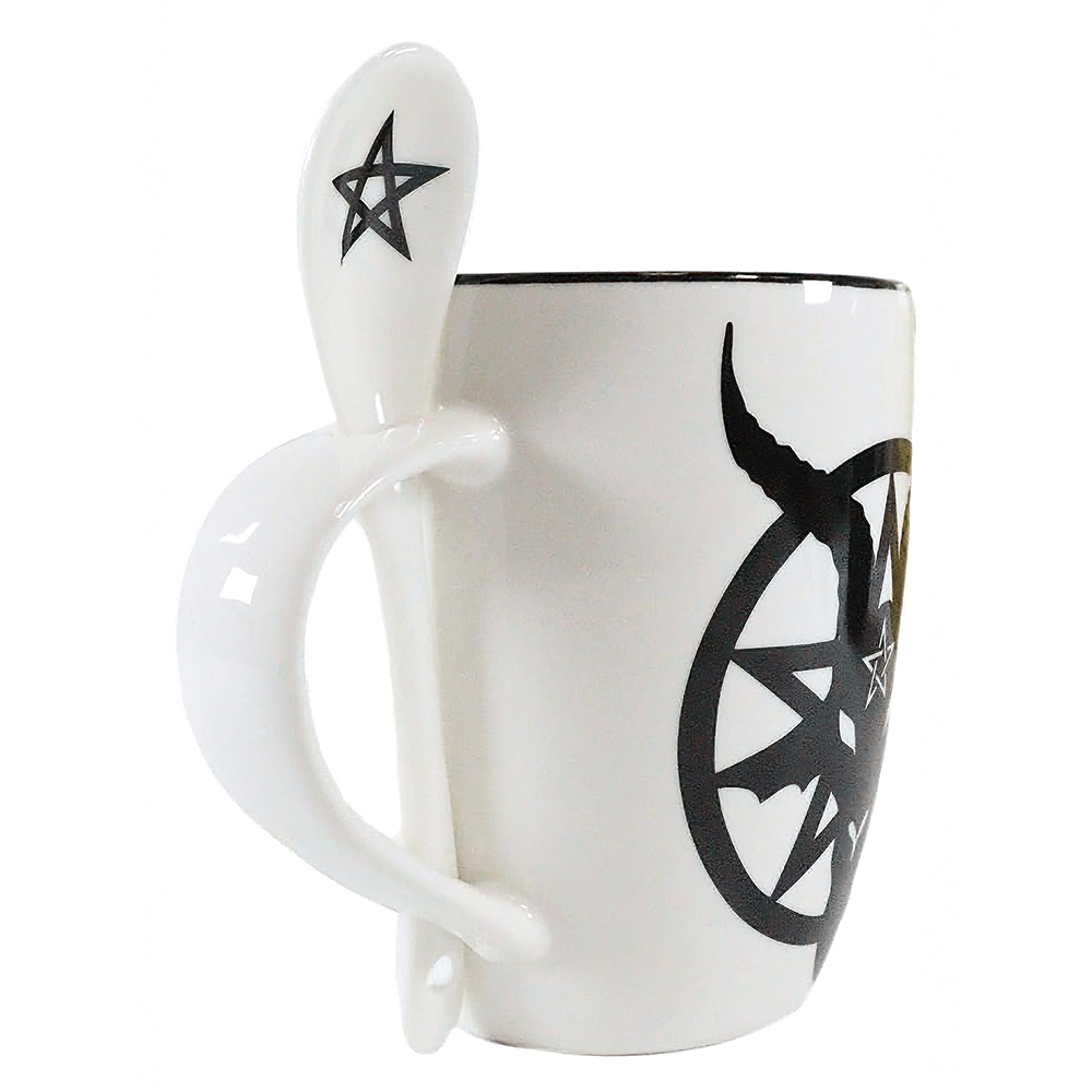 Baphomet mug and spoon set featuring a Satanic pentagram design, perfect for coffee or tea lovers.