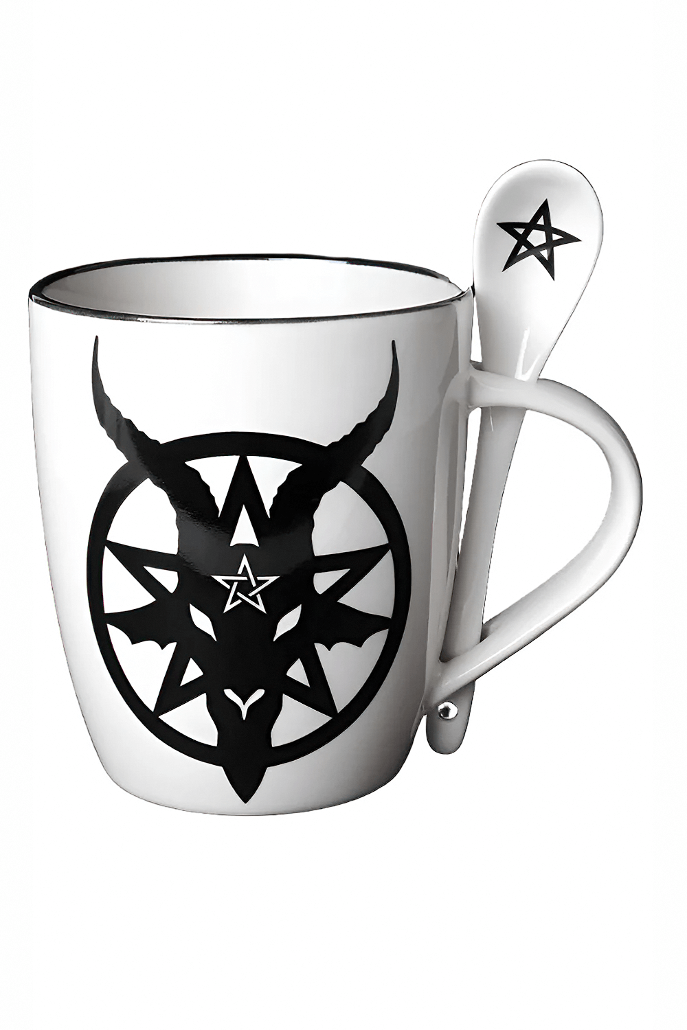 Baphomet mug and spoon set with satanic pentagram design, perfect for coffee and tea lovers.