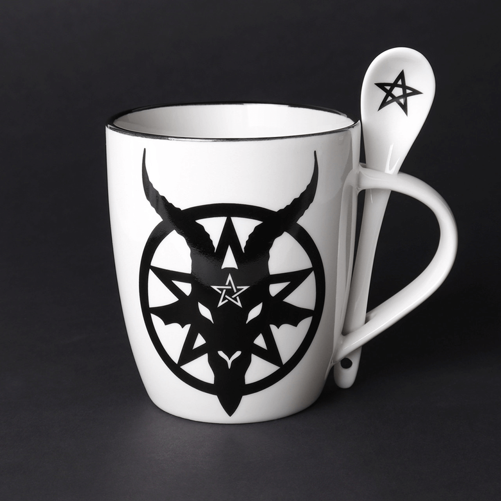 Baphomet mug and spoon set with pentagram design, perfect for coffee and tea lovers.