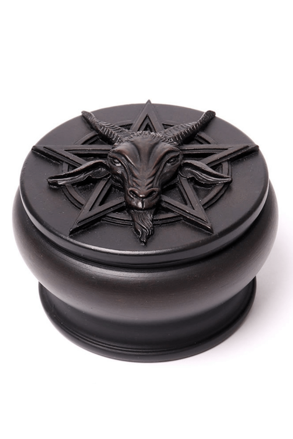 Gothic Baphomet trinket box with pentagram lid for ritual and jewelry storage in dark elegance.