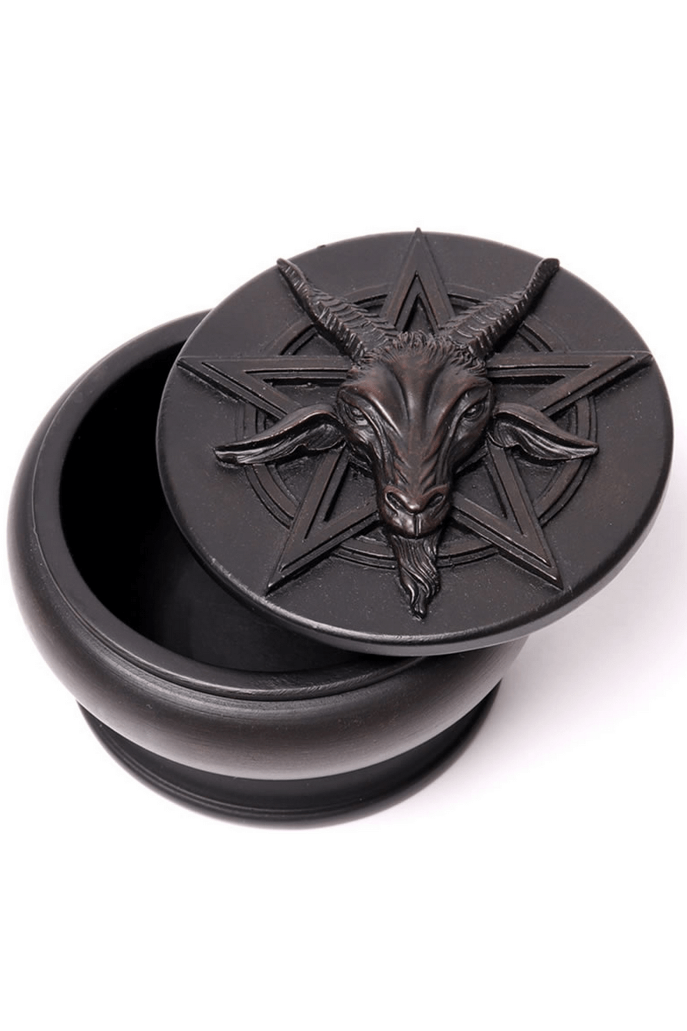 Gothic goat head Baphomet altar box with pentagram lid for jewelry and trinket storage.