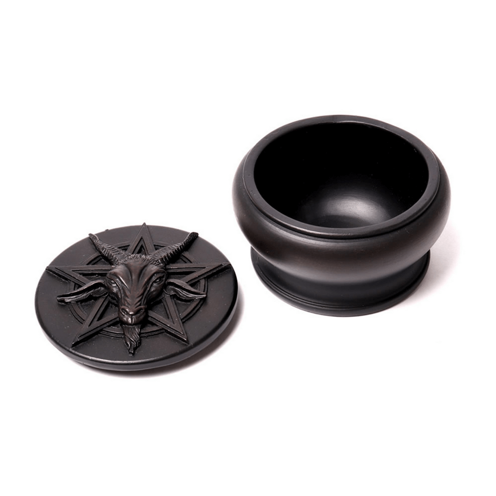 Gothic goat head Baphomet altar box with pentagram lid for trinkets and jewelry storage.