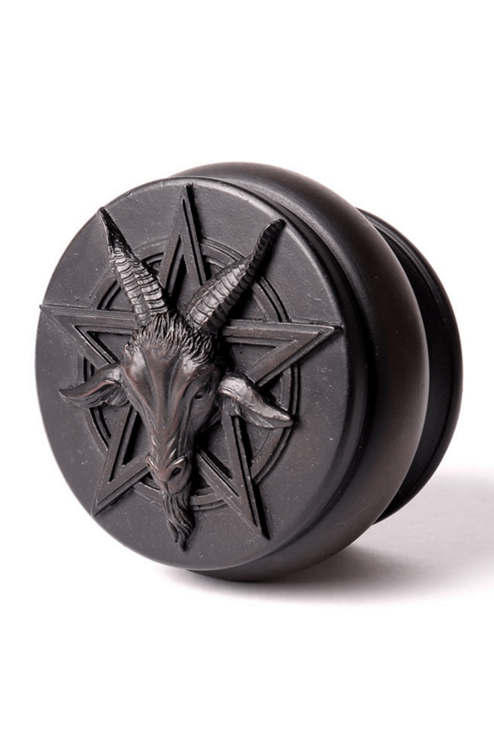 Gothic Baphomet trinket box with goat head and engraved pentagram, perfect for jewelry and occult decor.