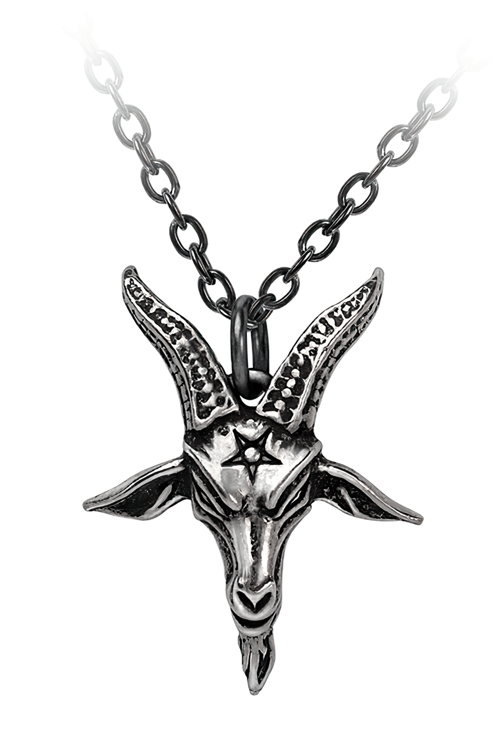 Baphomet sigil pendant featuring a detailed goat skull and star on a stylish chain necklace.