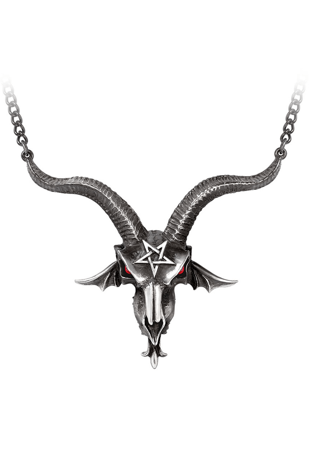 Baphomet skull necklace with red crystal eyes and intricate horns, handmade from fine pewter.